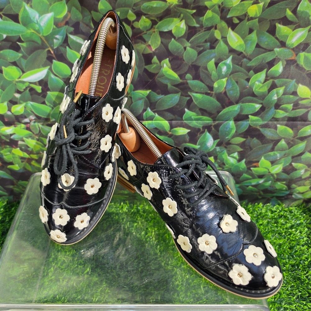 F-Troupe Womens Black Patent Leather Floral Applique Oxford Lace Up Shoes 39
